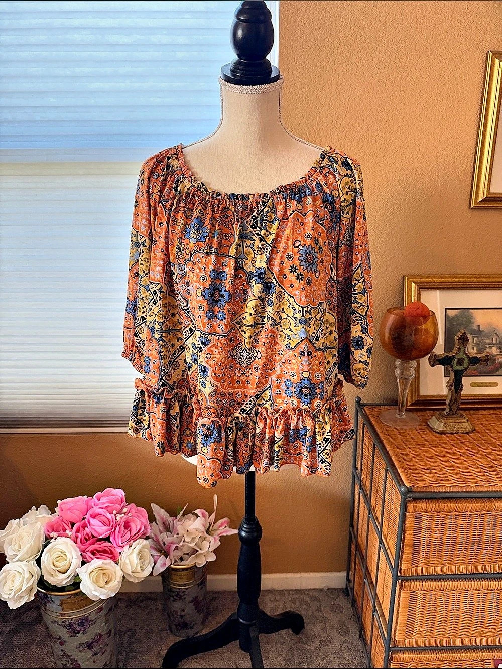 Paisley Ruffle Tunic in Orange & Blue Like New
